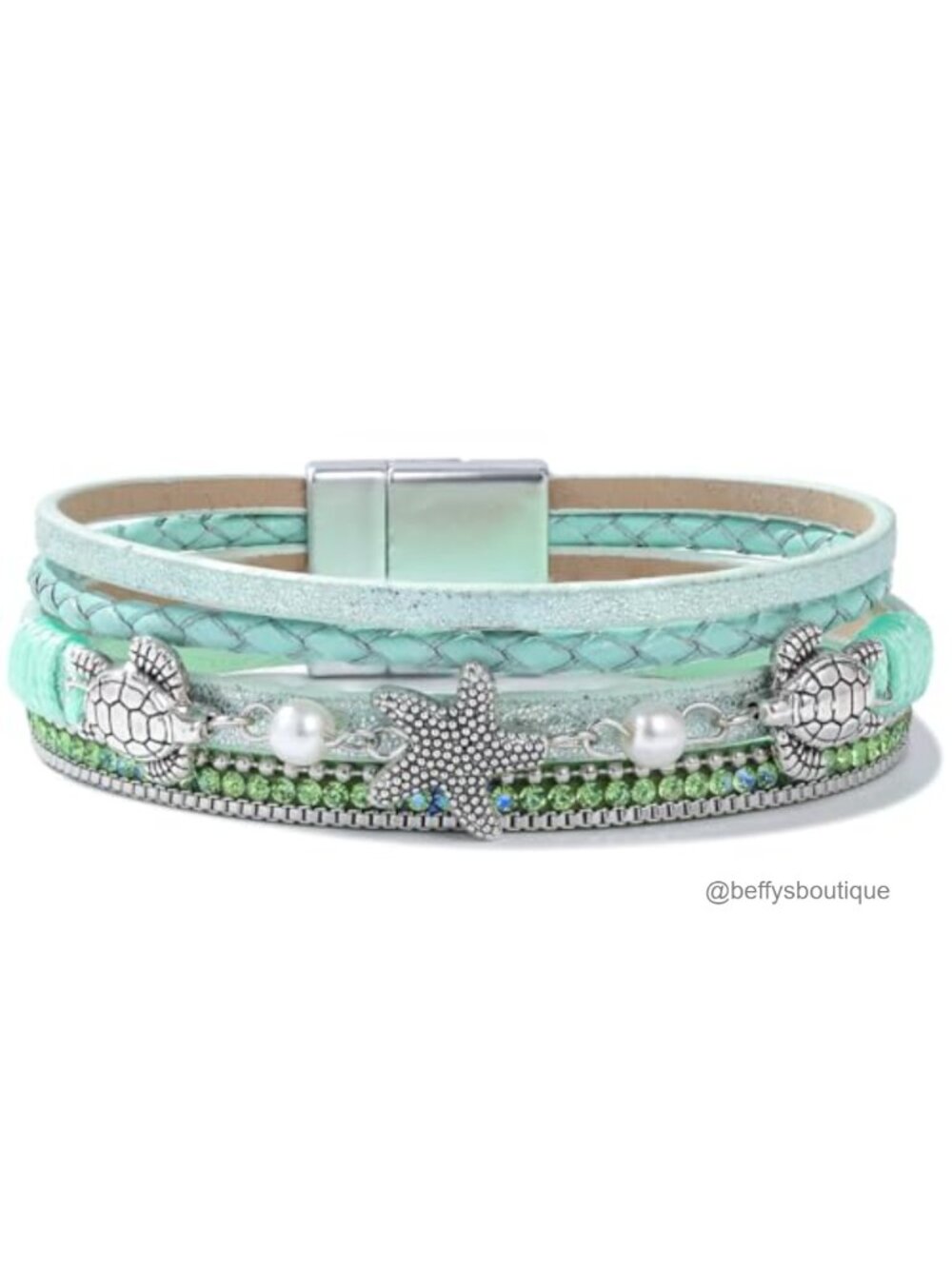 Boho Leather Wrap Bracelet Multi-Strand Turtle Starfish Magnetic Clasp